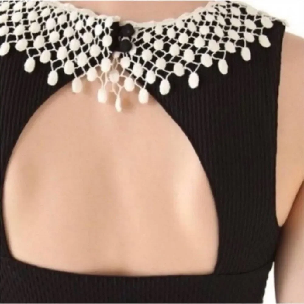 FREE PEOPLE | Ivory Crochet Collar Waffle Texture Black Dress Women’s Size S/M